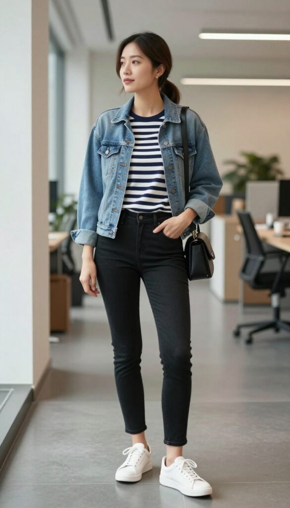 4. Denim Jacket + Black Jeans + White Sneakers
