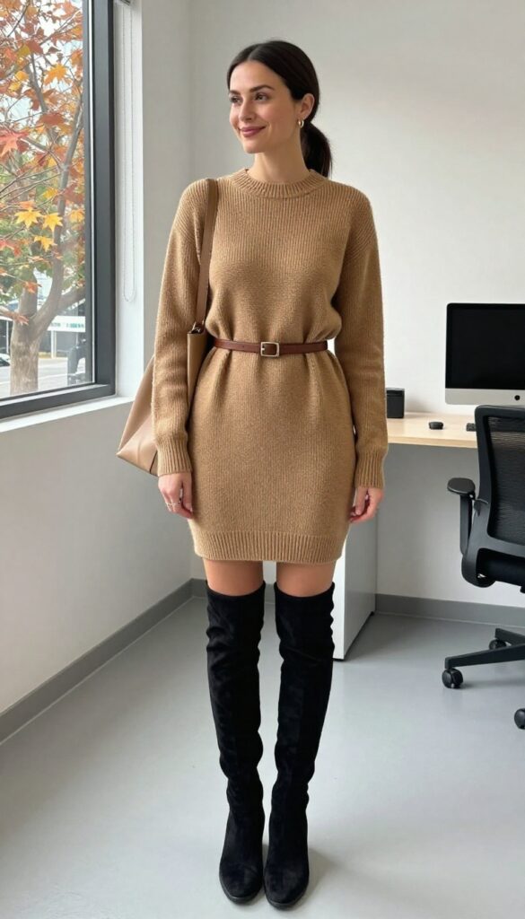 10. Sweater Dress + Belt + Over-the-Knee Boots