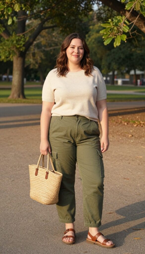 1. Olive Cargo Pants + Cream Knit Top + Brown Leather Sandals