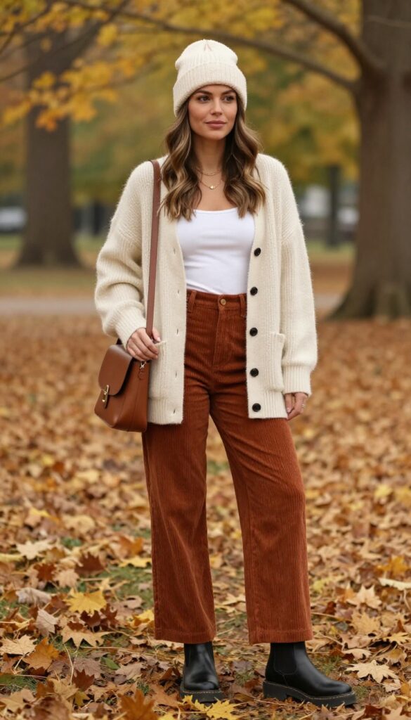 5. Corduroy Pants + Cozy Cardigan + Lug-Sole Boots
