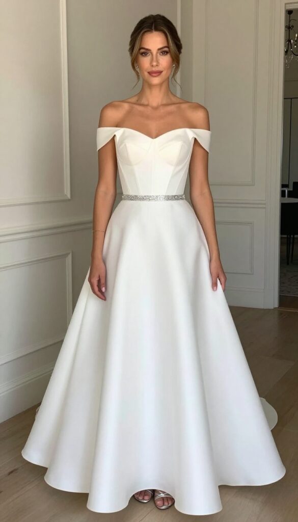 Off-shoulder corset with ball gown skirt and sequin belt