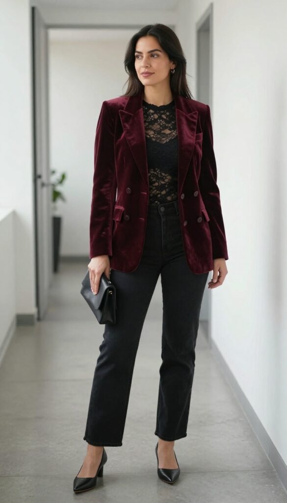 8. Velvet Blazer + Lace Bodysuit + Straight-Leg Jeans