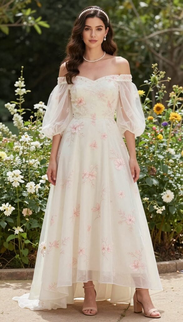 Young adult woman in off-shoulder A-line wedding gown with floral embroidery, loose wavy hair, pearl headband, in sunlit garden.