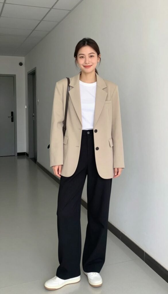 1. Oversized Blazer + Wide-Leg Trousers + White Sneakers