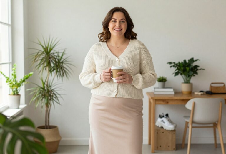 Plus size woman in cream cardigan and blush midi skirt with sneakers, soft styled outfit