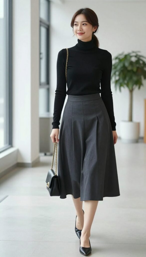 6. Turtleneck + Pleated Skirt + Pointed Flats