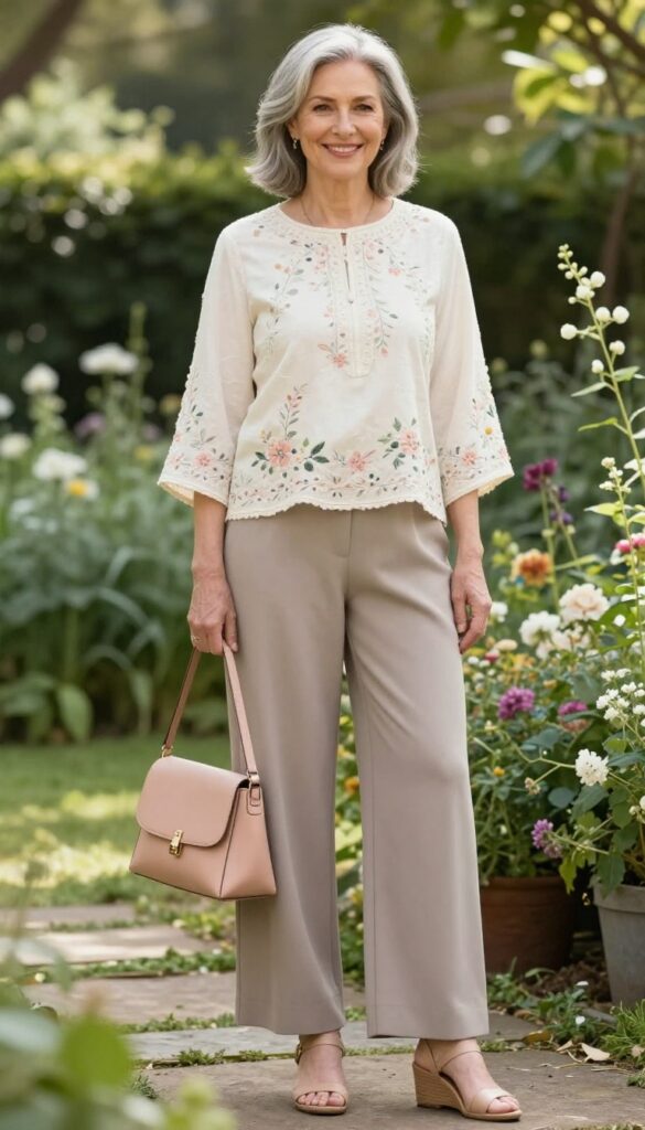 Older woman in embroidered floral tunic and wide-leg pants at garden wedding