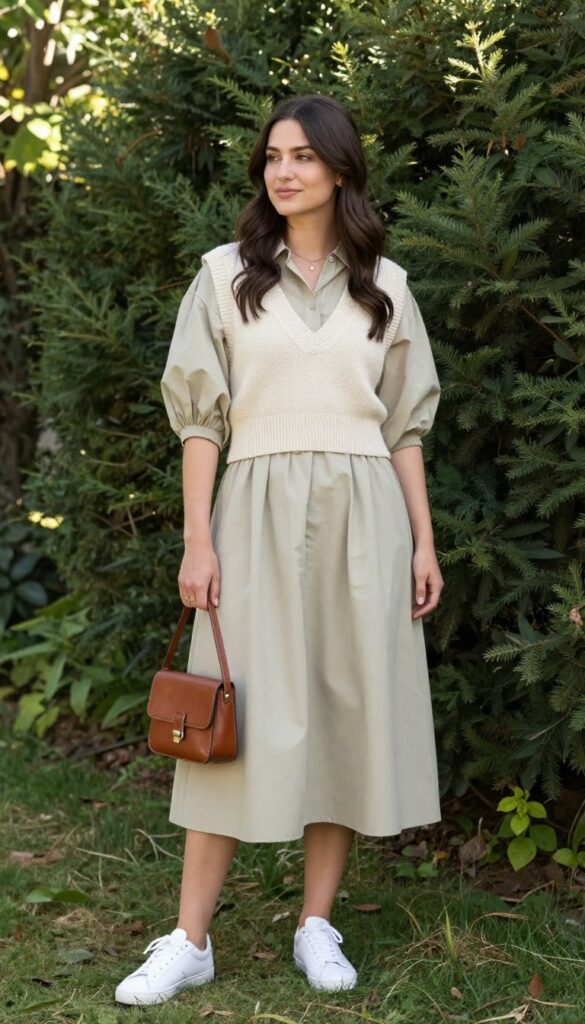 Woman in khaki shirt dress with cream knit waistcoat and white sneakers at outdoor wedding venue