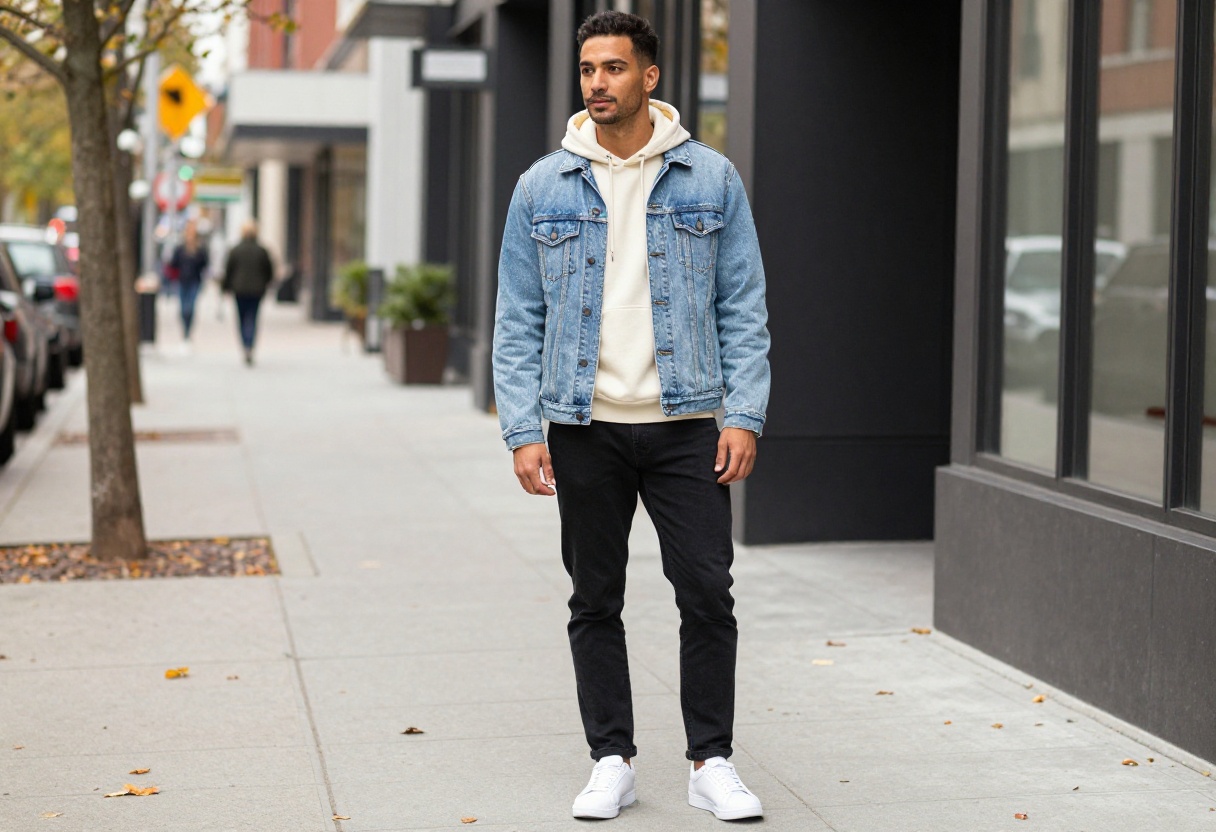 Man in denim jacket and hoodie for fall street style