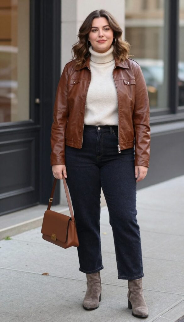 6. Chocolate Brown Leather Jacket over a Cashmere Turtleneck