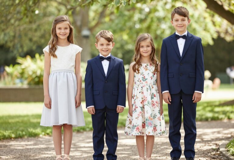 Kids in elegant wedding guest outfits, boy in navy suit and girl in floral dress, standing in a garden