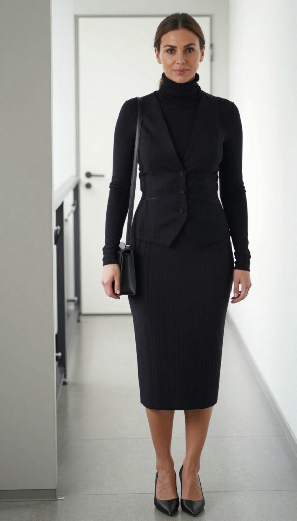 11. Black Vest + Bodysuit + Pleated Midi Skirt