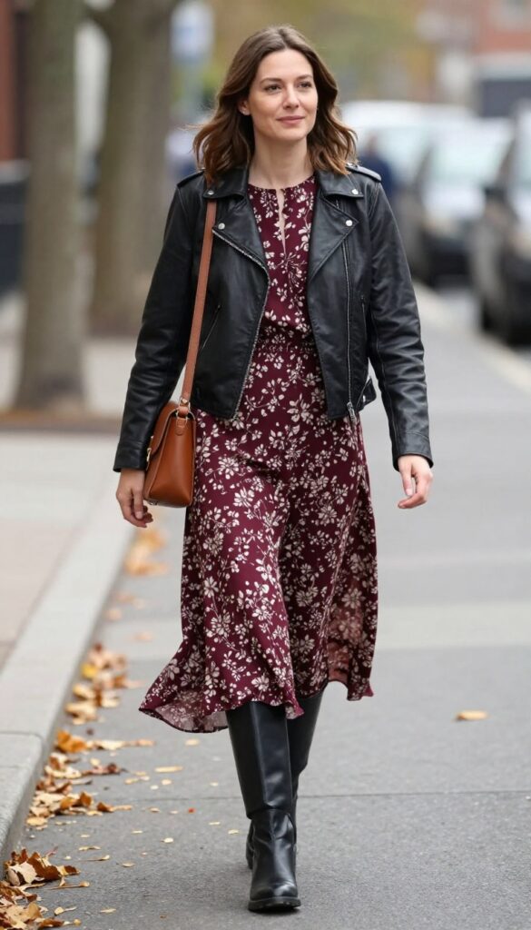 13. Leather Jacket with Floral Dress