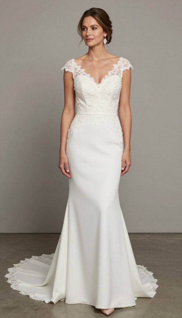 Bride in white fit-and-flare wedding dress with illusion lace neckline and cap sleeves, standing in sunlit garden, low bun and chandelier earrings, subtle train.