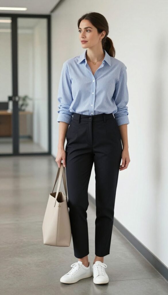 3. Striped Button-Down + Black Trousers + Sneakers