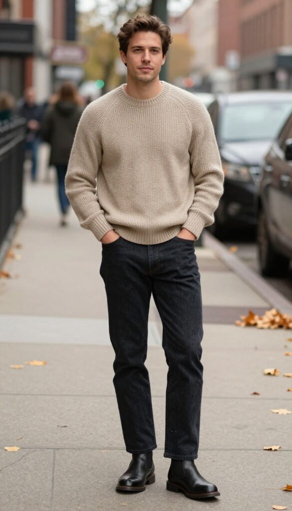 3. The Chunky Knit Sweater and Straight-Leg Jeans