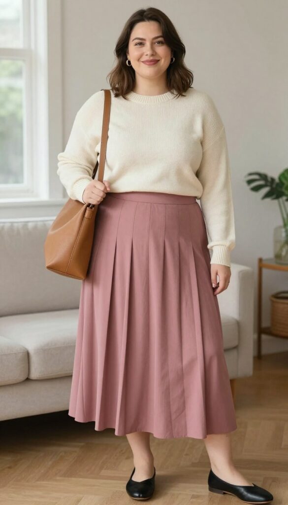 13. Cashmere Sweater + Pleated Midi Skirt + Ballet Flats