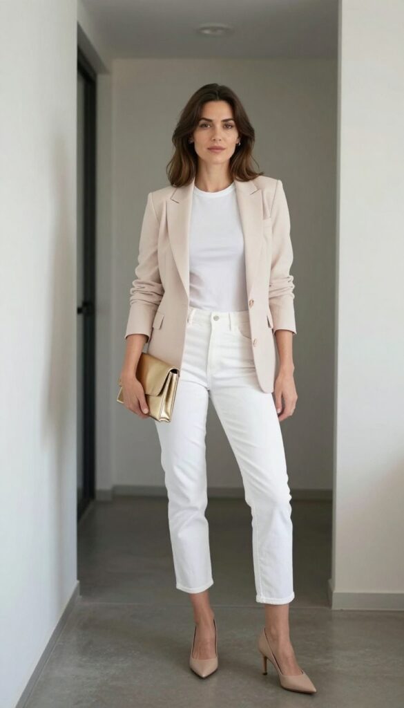 9. Blush Blazer + White Jeans + Nude Heels