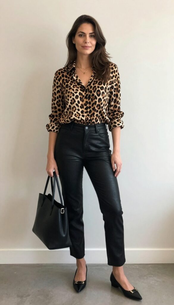 11. Animal Print Top with Leather Pants and a Blazer