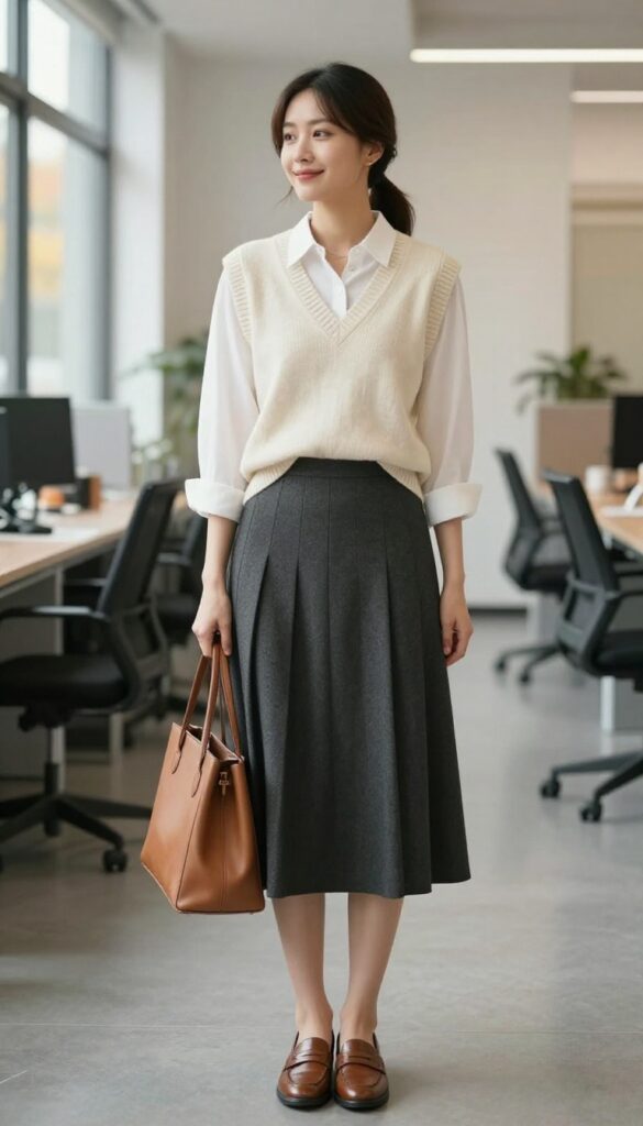 11. Sweater Vest + Button-Down + Pleated Skirt