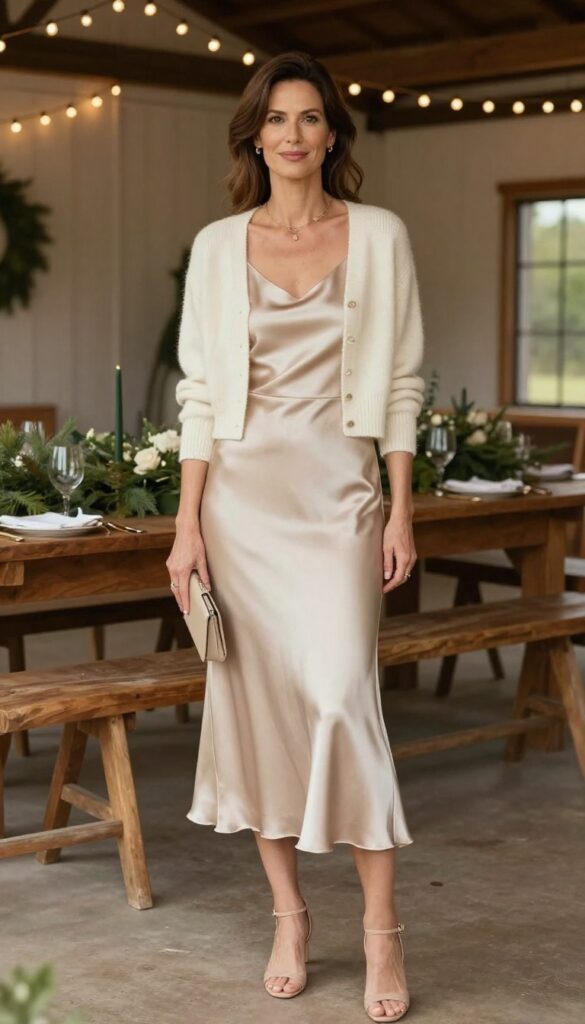 Woman in champagne satin midi slip dress and cream cropped cardigan at rustic barn wedding
