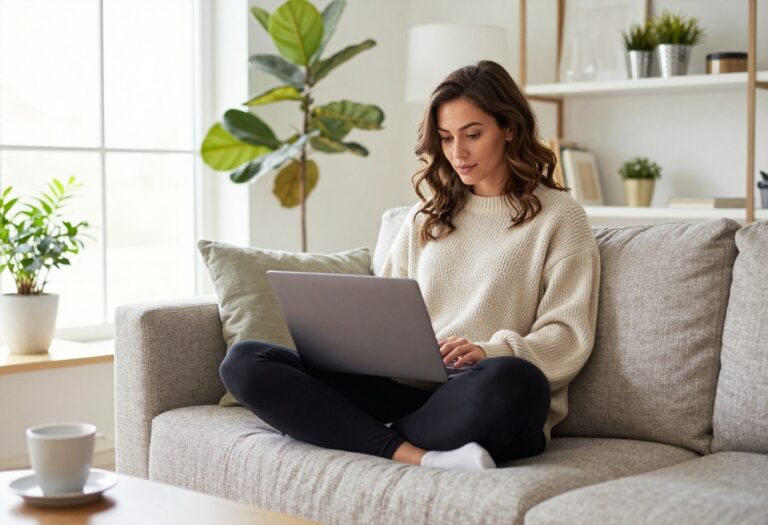 Woman in cozy oversized sweater and leggings working from home on a laptop