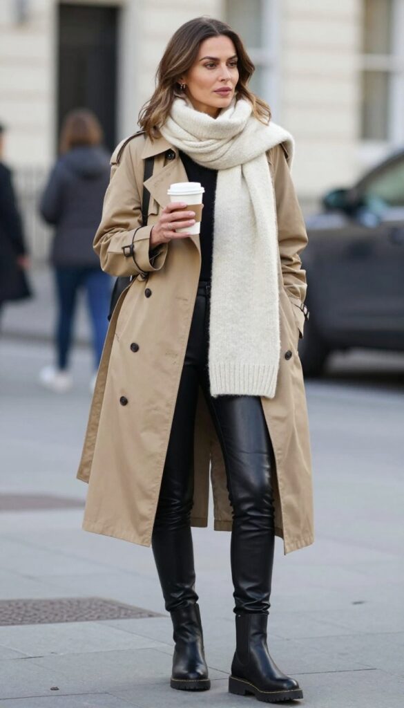5. Trench Coat + Leather Leggings + Chunky Knit Scarf + Ankle Boots