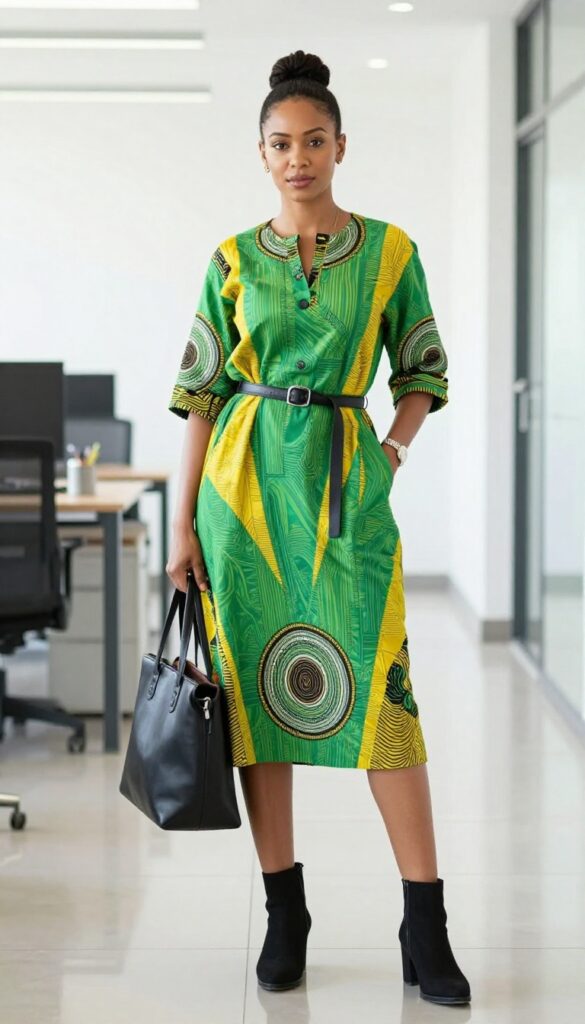 10. Ankara Shirt Dress with a Leather Belt