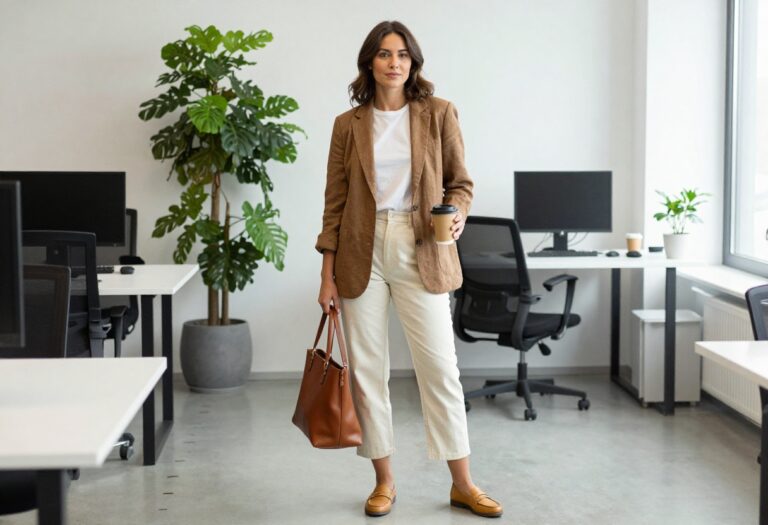 Woman in brown linen blazer and cream trousers standing in a bright office