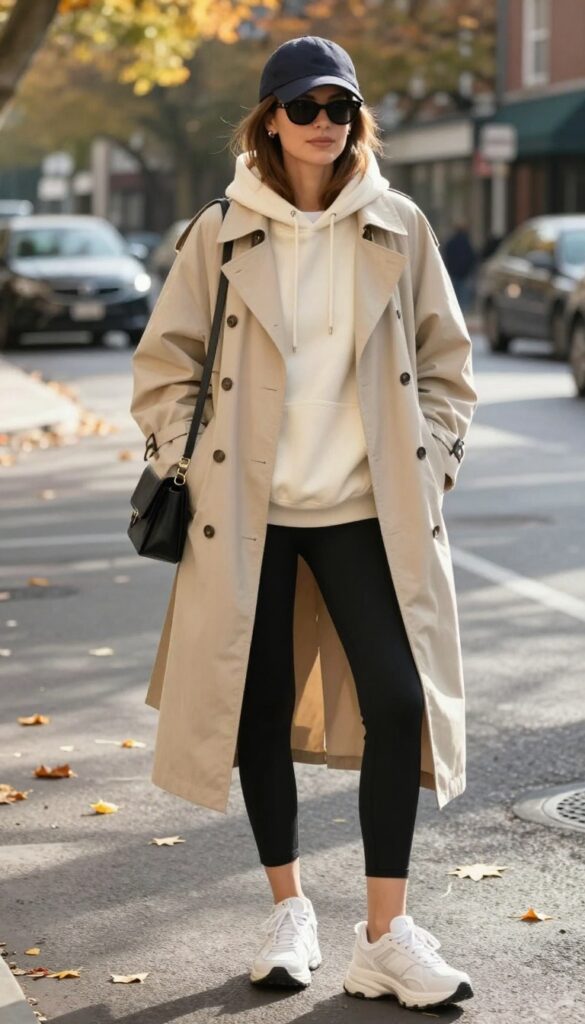 14. Hoodie with a Trench Coat and Bike Shorts