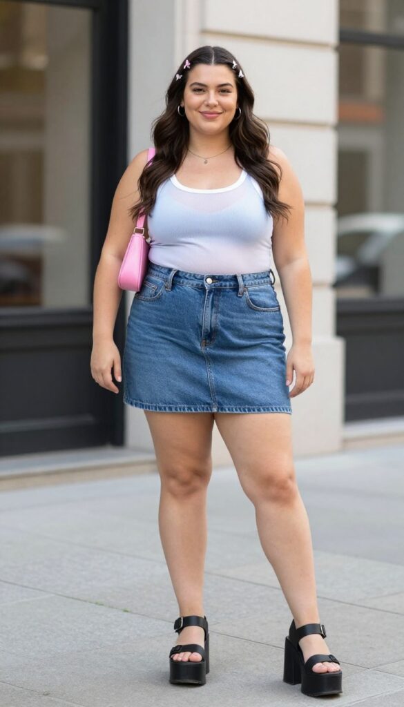 2. Denim Mini Skirt with a Layered Tank Top