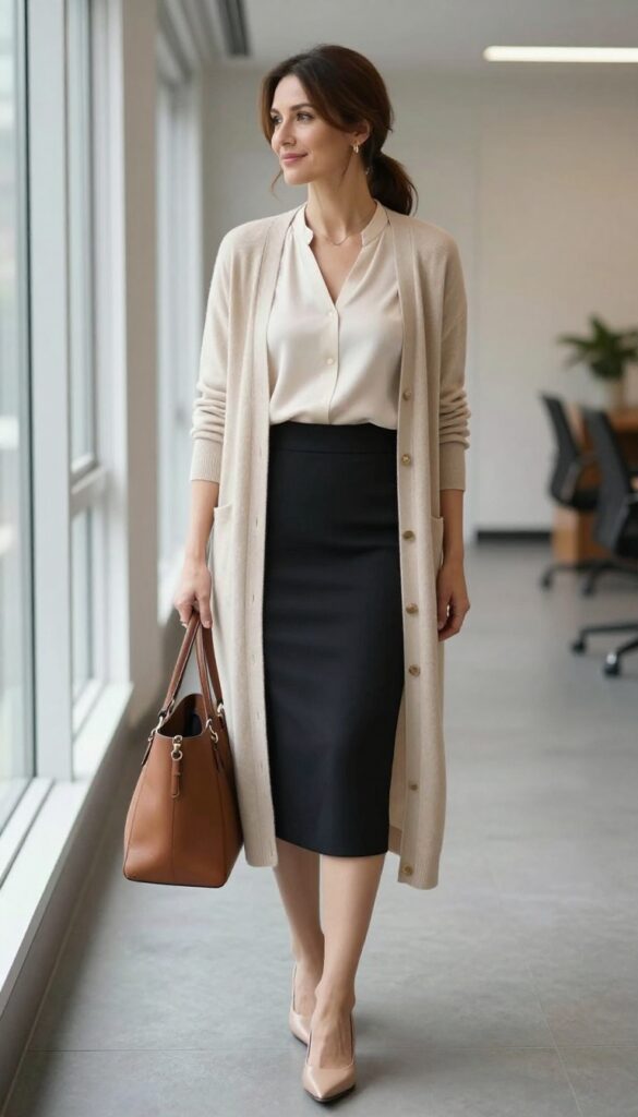 11. Cardigan + Silk Shell + Pencil Skirt