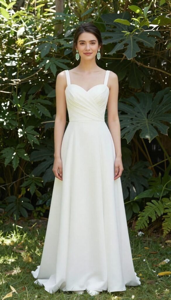Bride in white sweetheart wedding dress with mint green chandelier earrings in garden