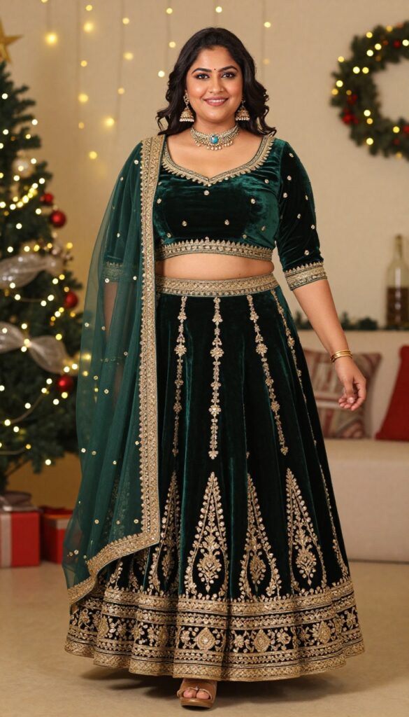 1. Velvet Lehenga with Gold Embroidery