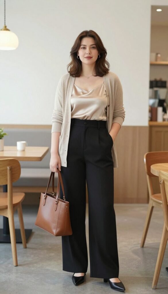 3. Wide-Leg Trousers + Silk Camisole + Cardigan