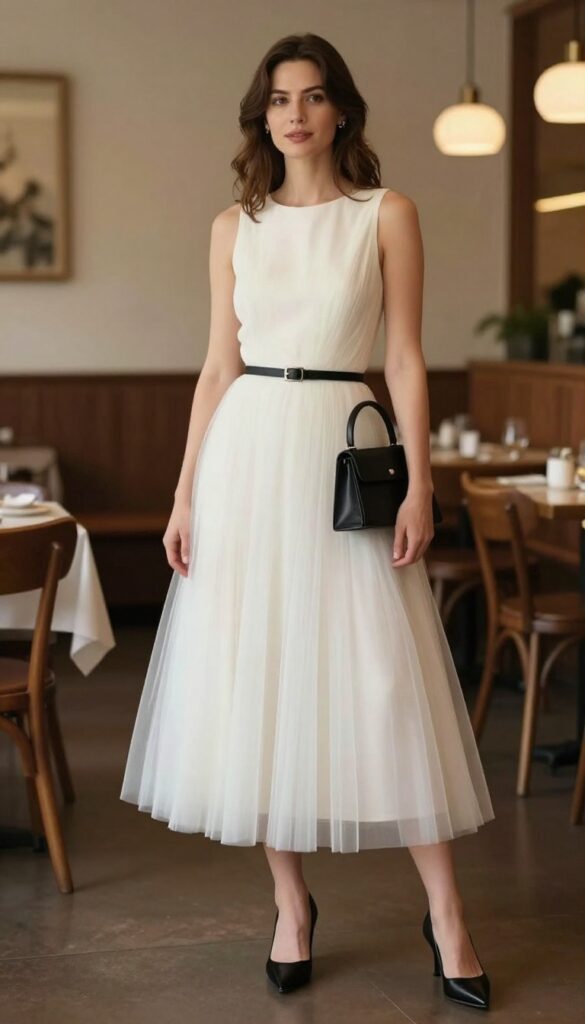 Woman in sleeveless tulle wedding dress with black belt, structured bag, and pumps in restaurant