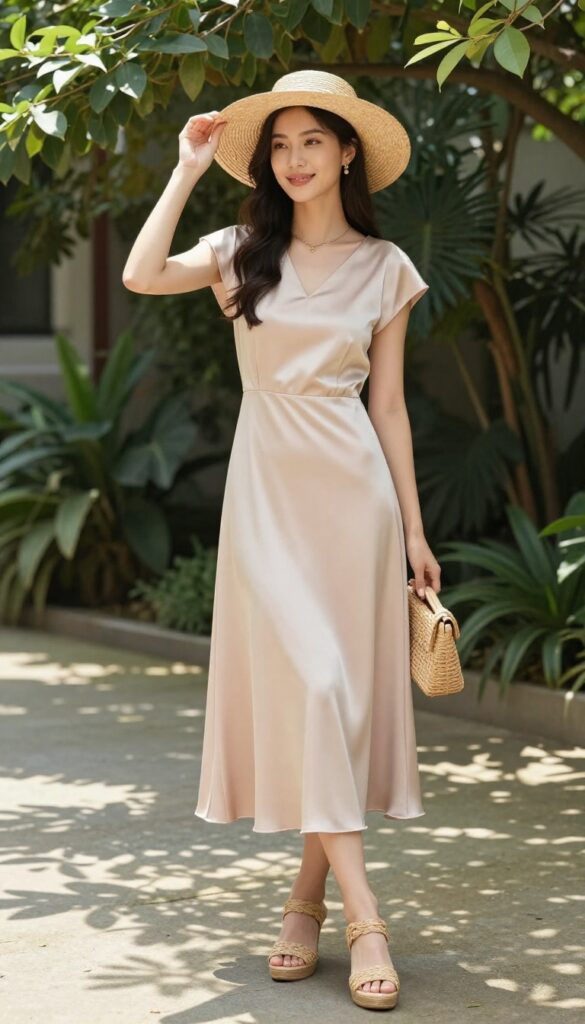 Young woman in blush satin cap sleeves dress with wide-brim straw hat in garden