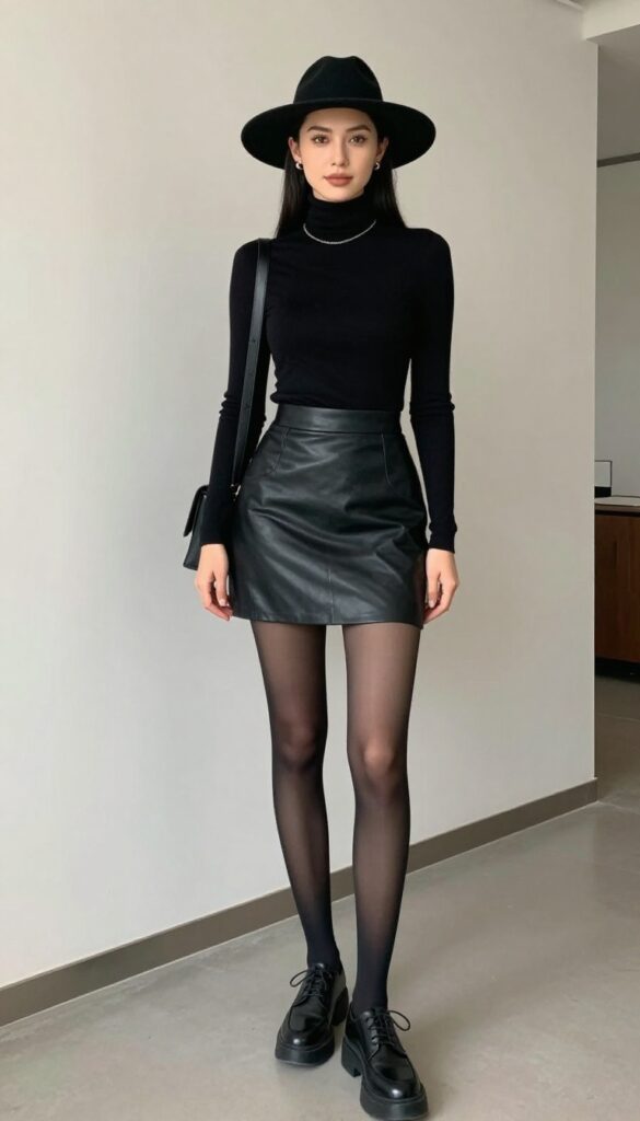 9. Black Turtleneck + Leather A-Line Skirt + Tights + Oxfords