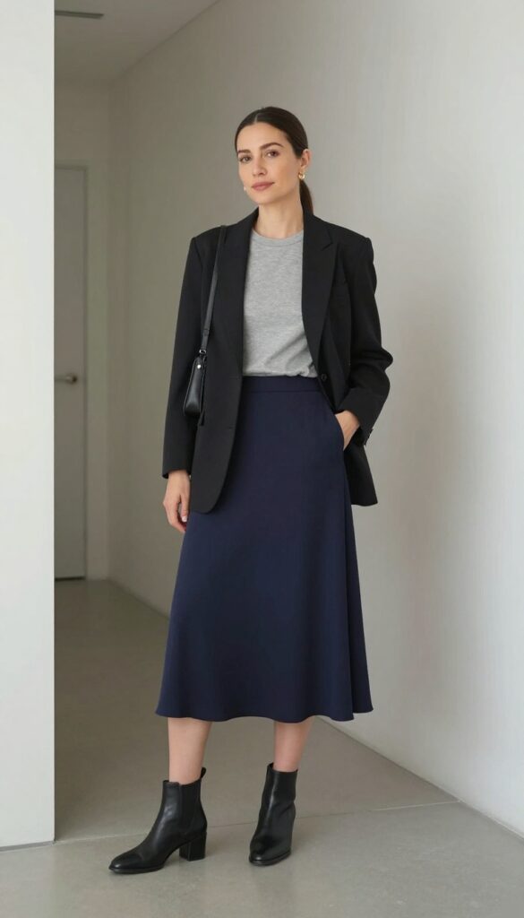 7. Midi Skirt with a Tucked-In Jersey Tee and Blazer