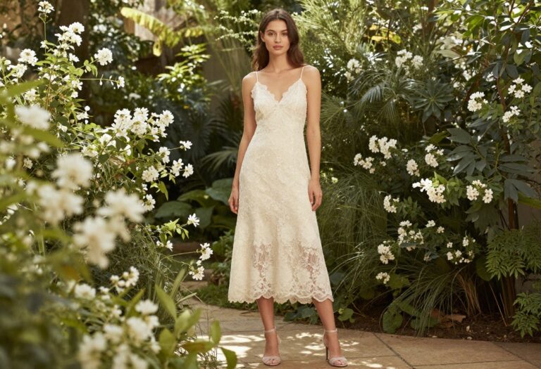 Bride in ivory lace slip dress with soft waves and natural makeup in a garden setting