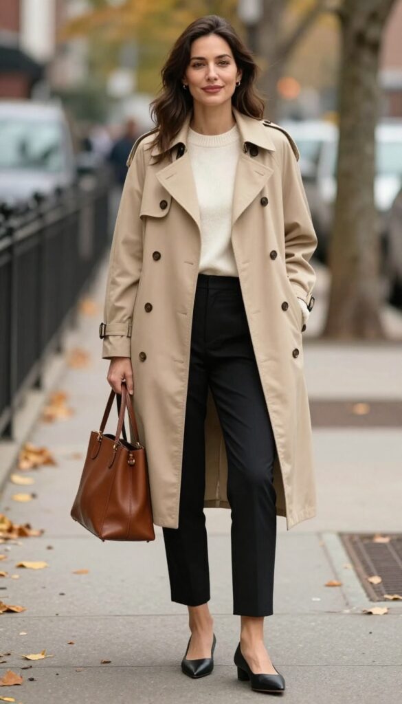 11. Trench Coat with a Cashmere Sweater and Tailored Trousers