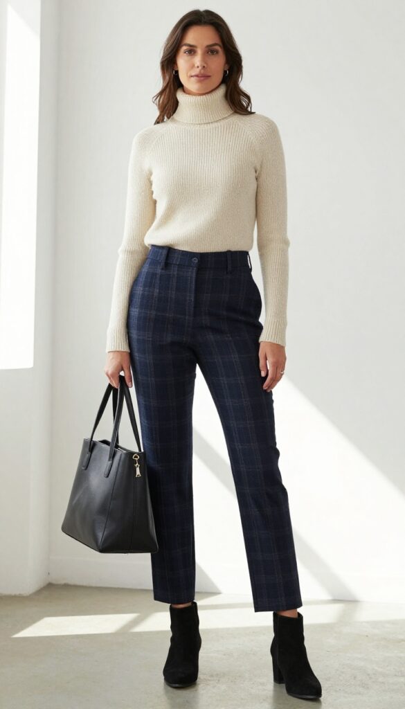 4. Turtleneck + Plaid Trousers + Ankle Boots