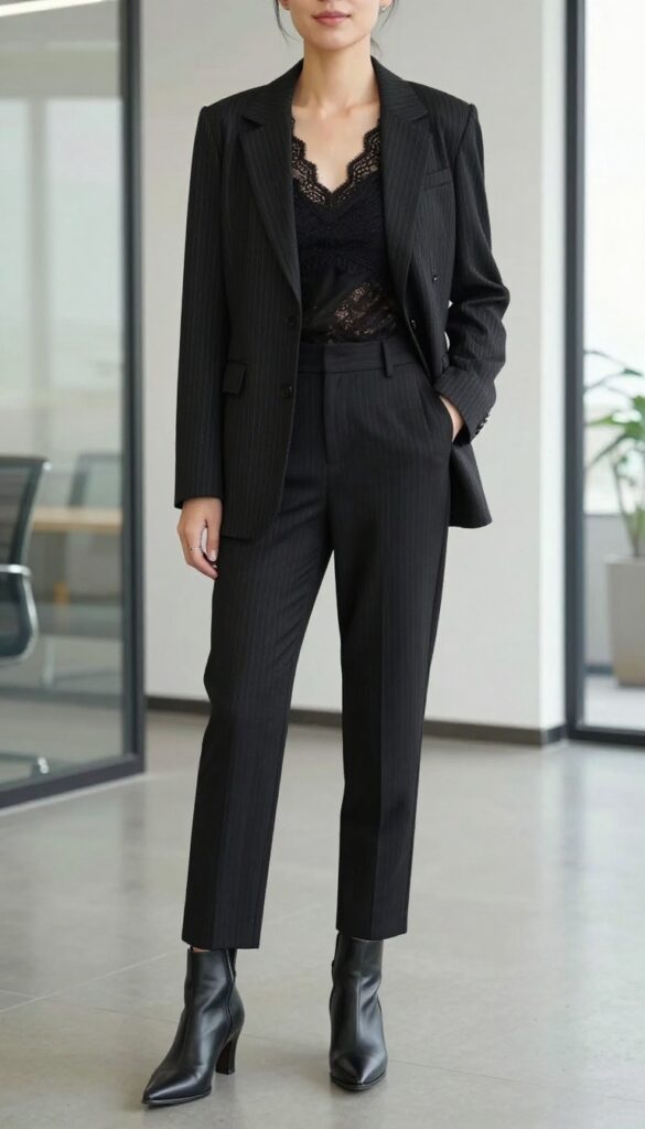 3. Lace-Trimmed Shell Top + High-Waisted Pinstripe Pants + Blazer