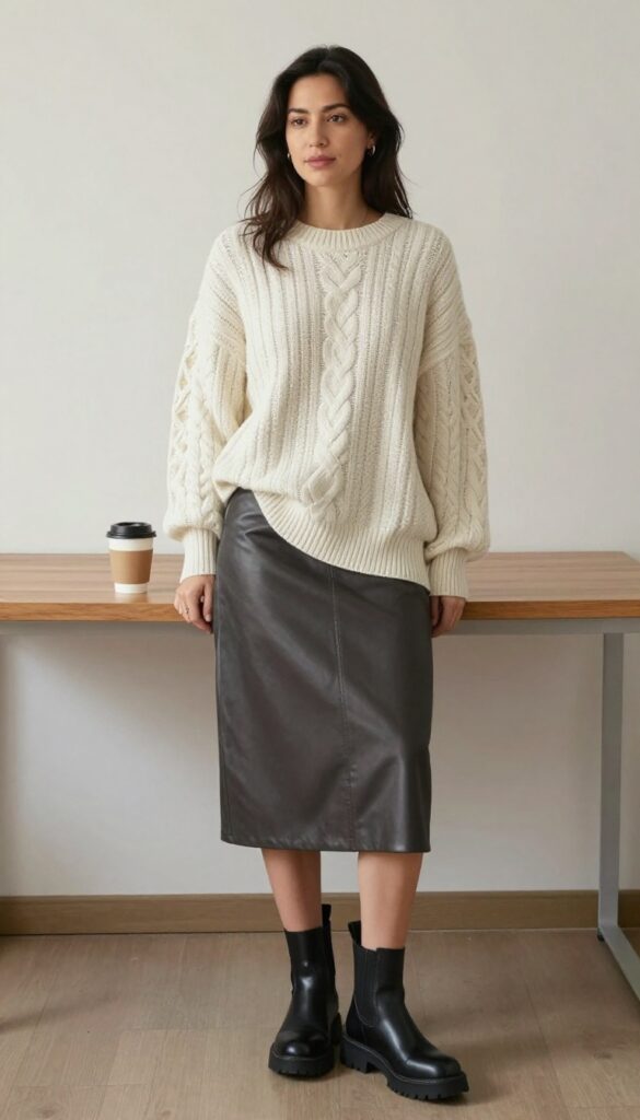3. Leather Midi Skirt + Oversized Knit + Ankle Boots
