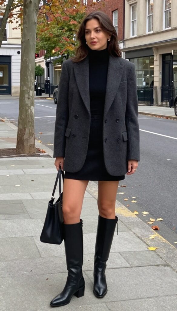3. Blazer + Turtleneck + Mini Skirt + Knee-High Boots