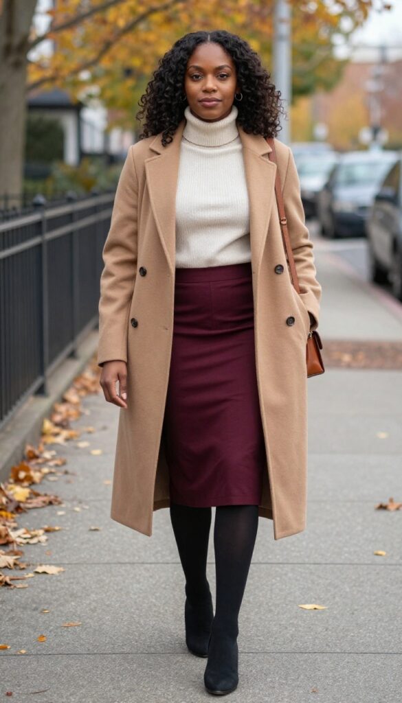 15. Turtleneck + Midi A-Line Skirt + Tights + Block Heels