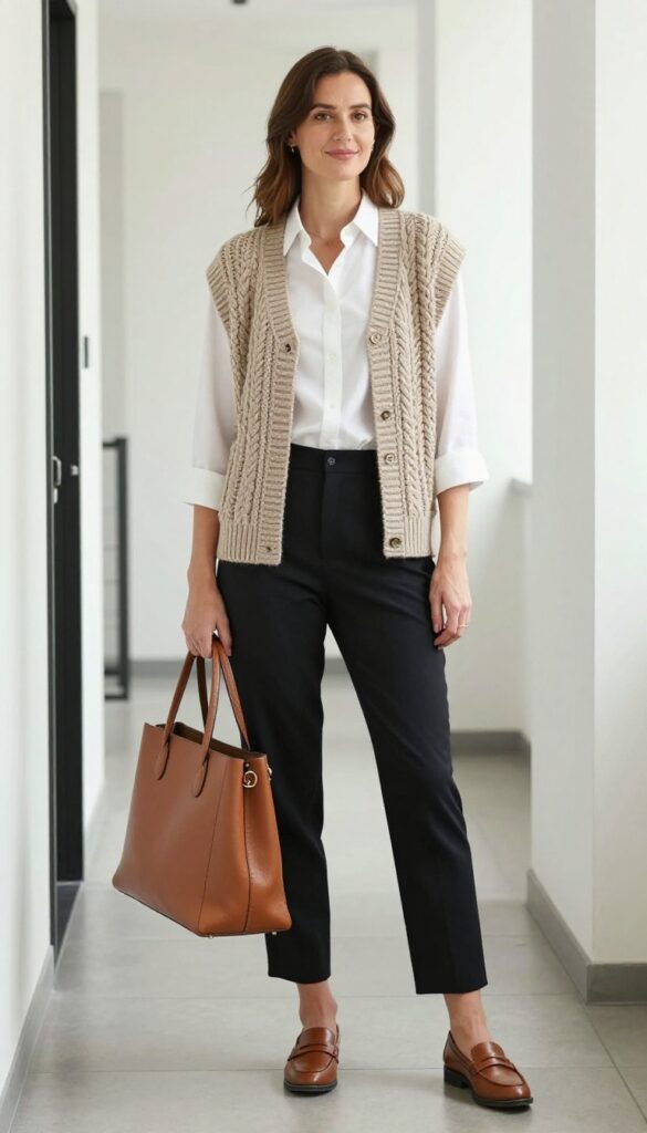 1. Textured Knit Vest Over a Crisp Button-Down