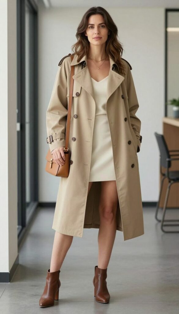 9. Brown Trench Coat Over a Slip Dress