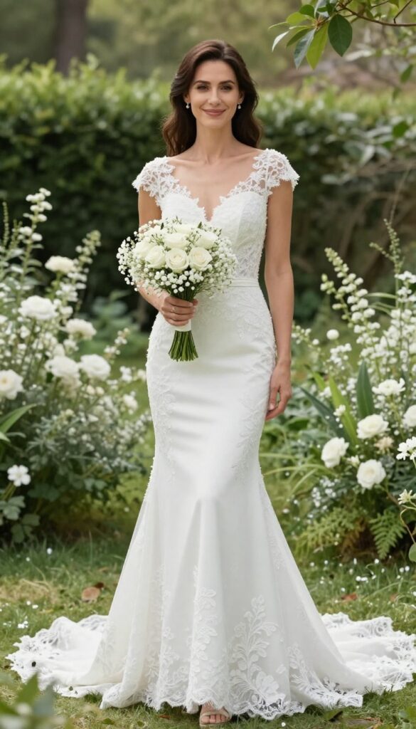 Bride in white mermaid wedding dress with bishop sleeves and lace appliqués, flower crown, and bouquet in garden