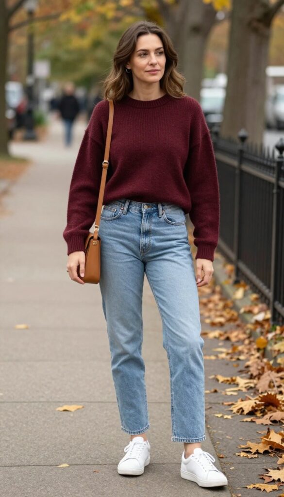 1. Burgundy Sweater + Straight-Leg Jeans + White Sneakers